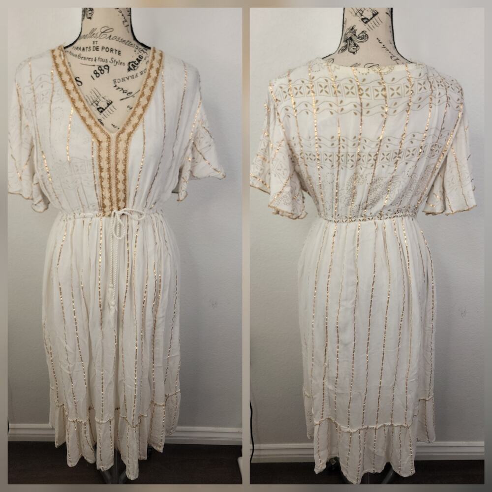 Refined Threads Maxi Dress SZ M Gold Metallic Thread Boho Cottage Resort Wear